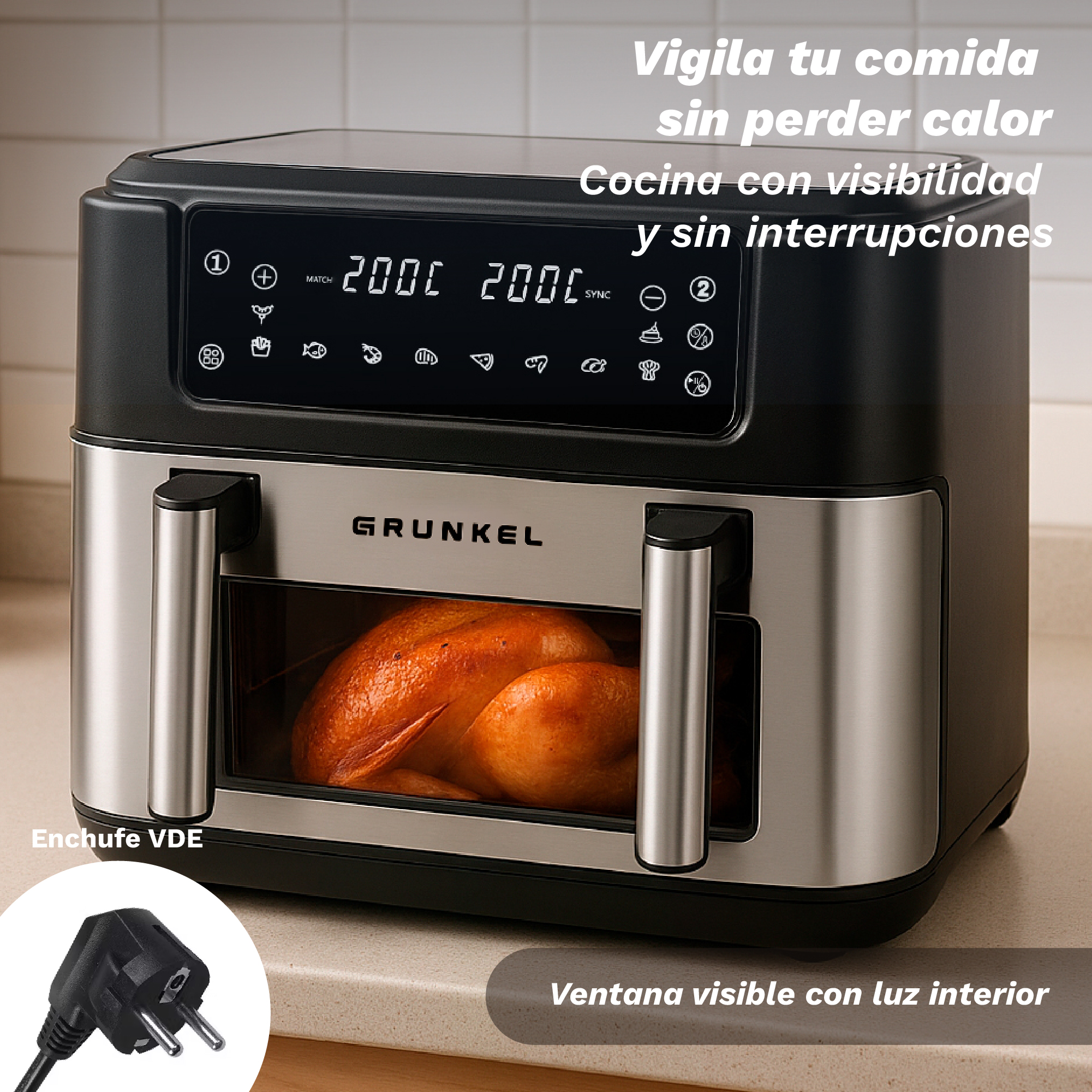 Una friggitrice ad aria con finestra visibile, che mostra un pollo cotto. Ha comandi digitali e una spina a sinistra.
