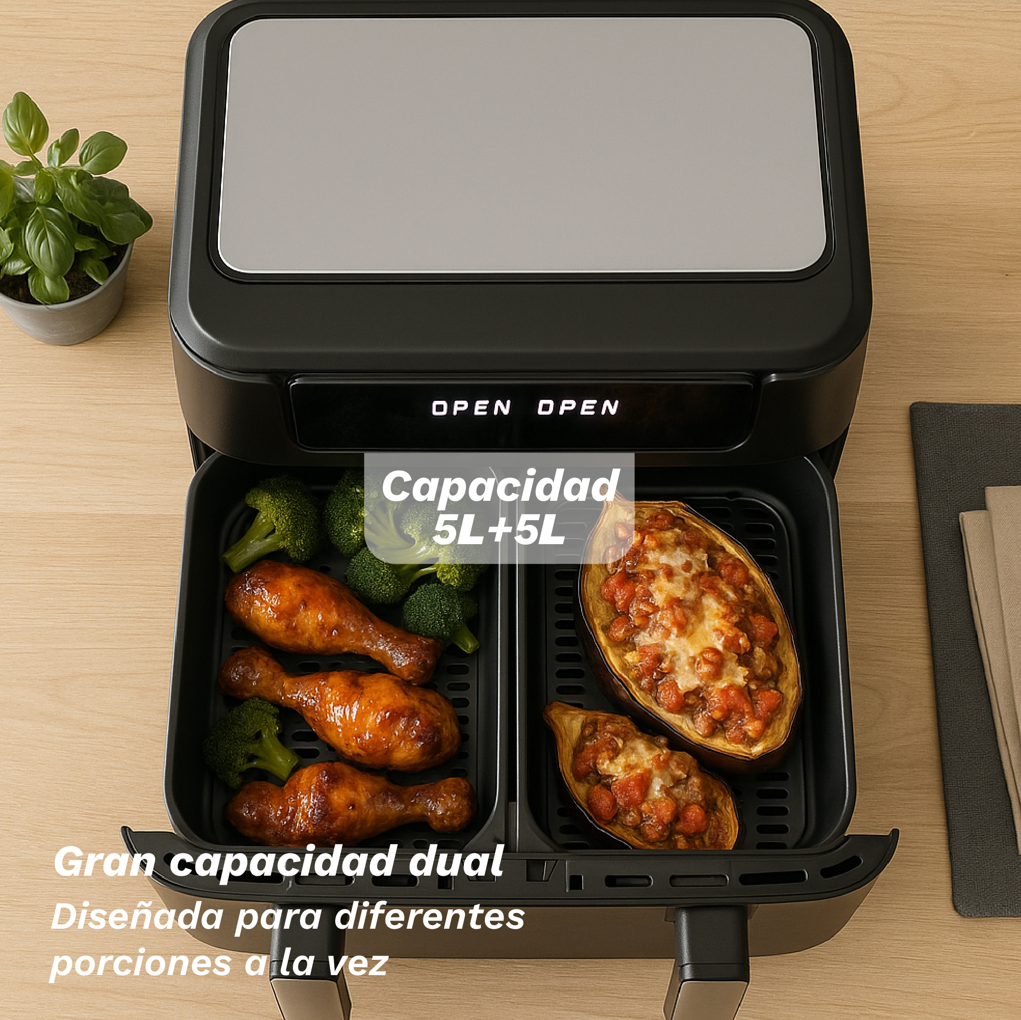 Una friggitrice ad aria con cibo cotto all'interno. Ci sono cosce di pollo, broccoli e verdure ripiene. Il testo indica una capacità doppia.