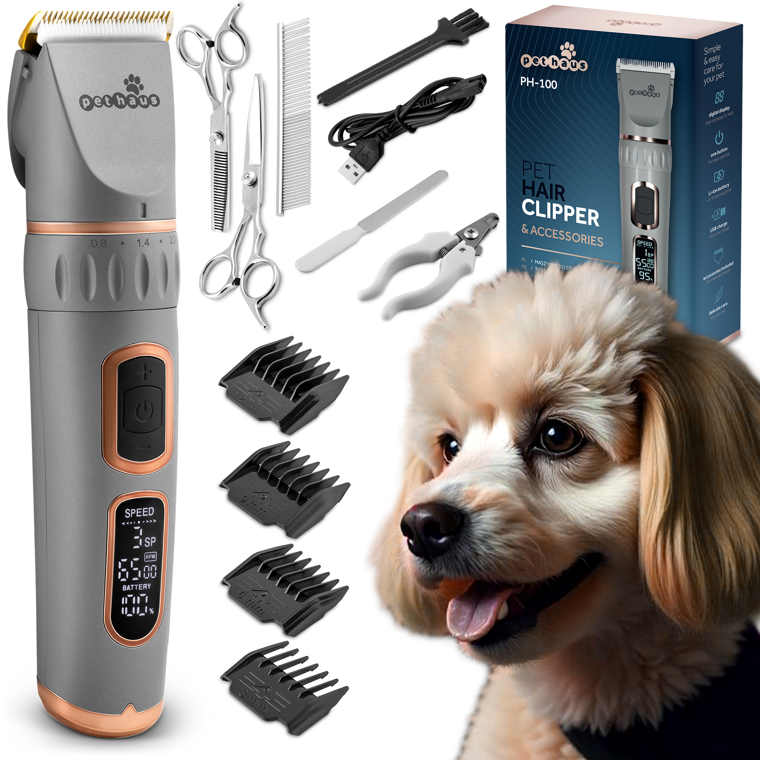 Zestaw do pielęgnacji psów z maszynką do strzyżenia, akcesoriami i uśmiechniętym psem. Zestaw zawiera maszynkę, nożyczki, grzebienie i obcinacz do pazurów.