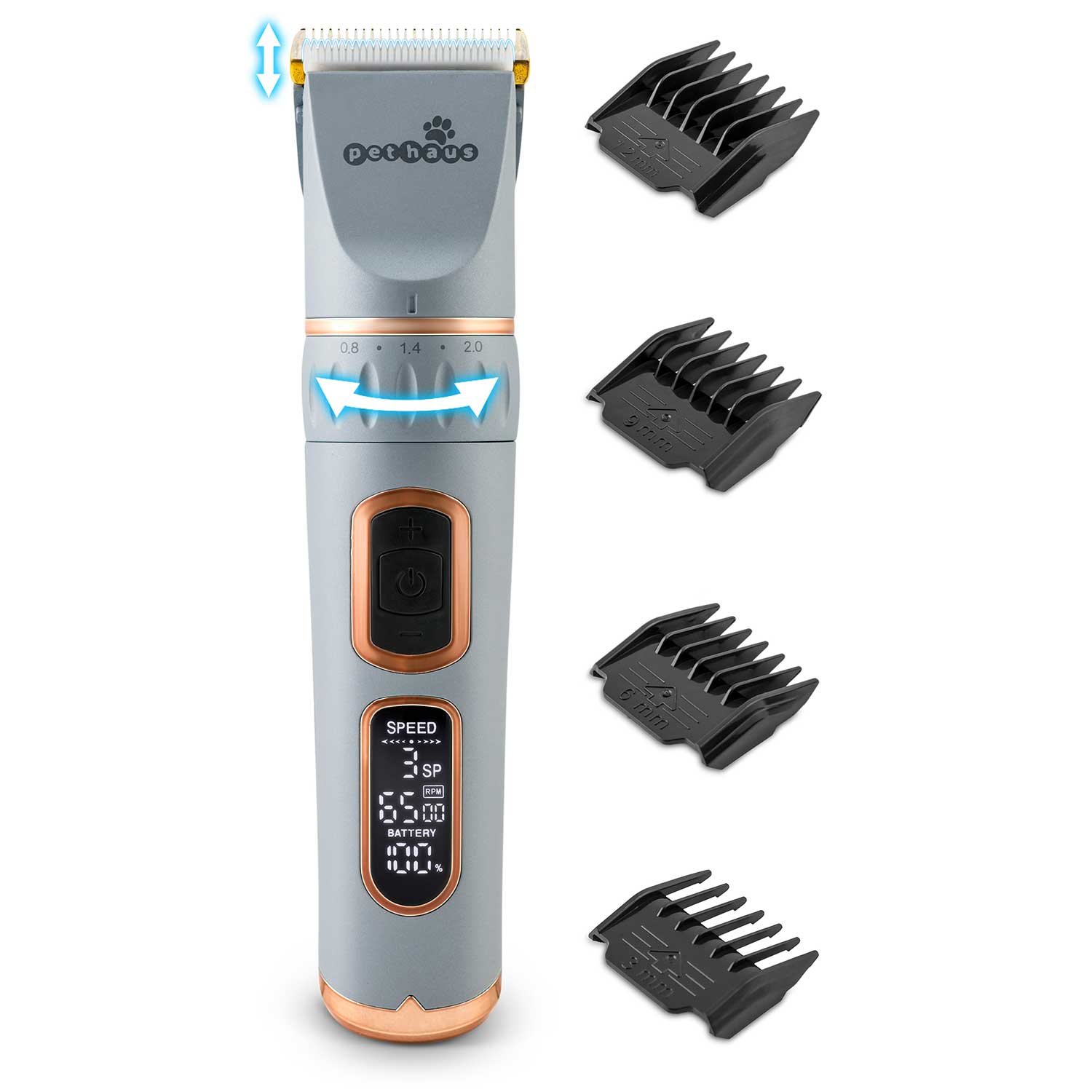 Szara maszynka do strzyżenia zwierząt z czarnymi nasadkami, pokazująca prędkość i żywotność baterii.