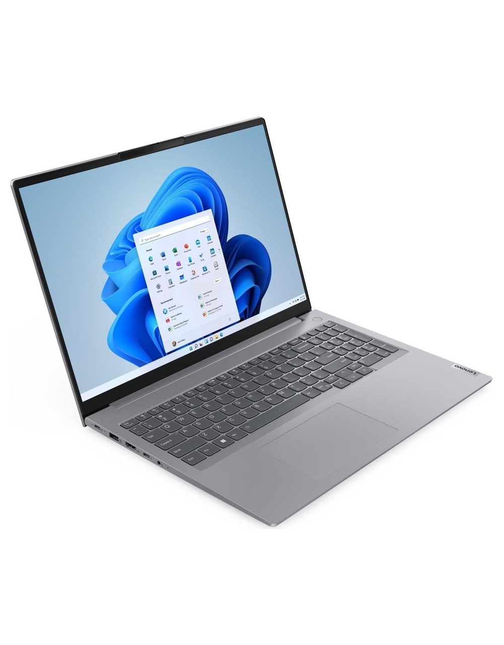 Gri bir Lenovo dizüstü bilgisayar açık, Windows 11 arayüzünü gösteriyor. Ekran, uygulama simgeleriyle mavi soyut bir arka plan gösteriyor.