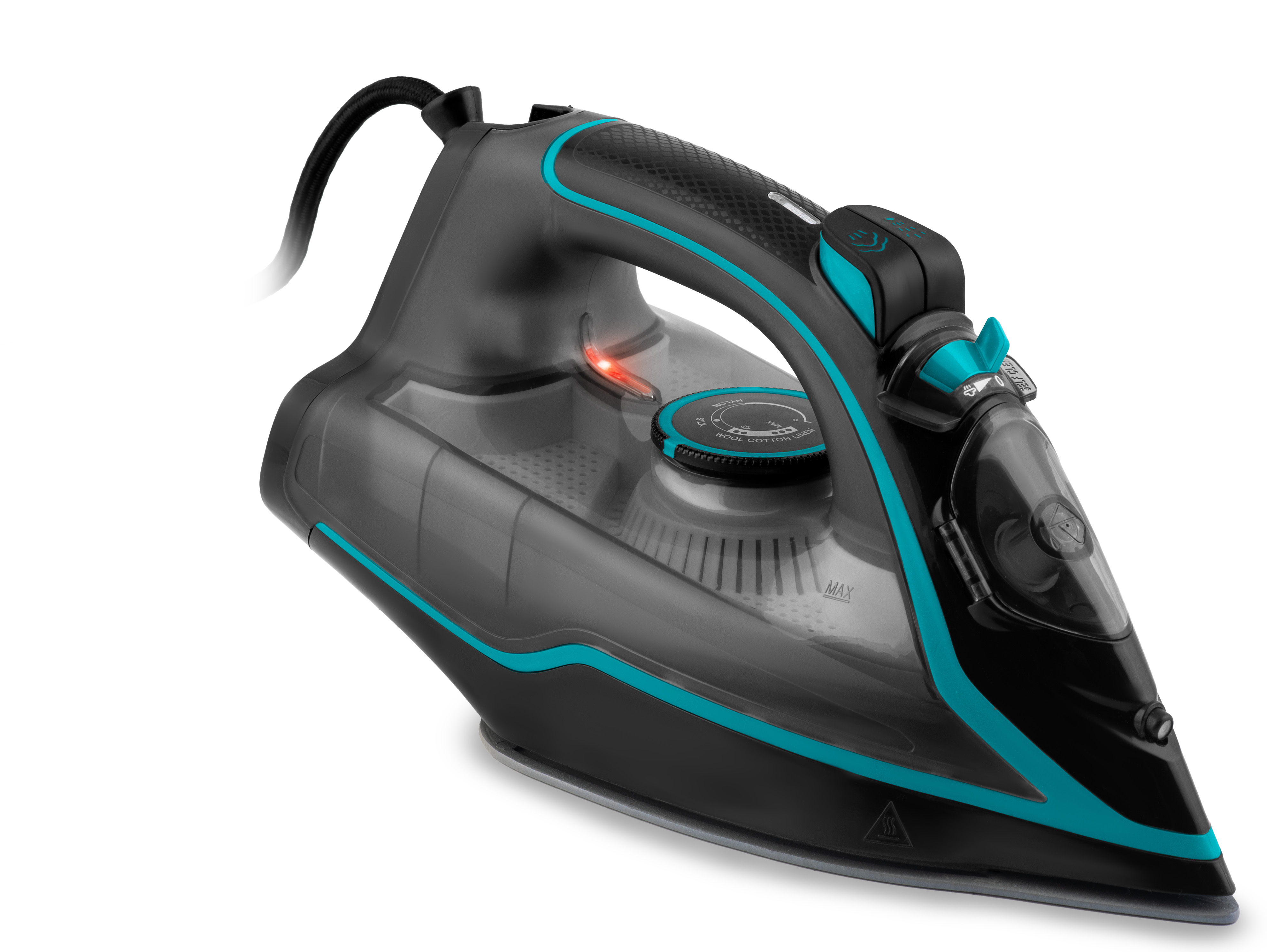 Czarne i turkusowe żelazko ze zbiornikiem na wodę. Posiada przewód zasilający i różne ustawienia sterowania.