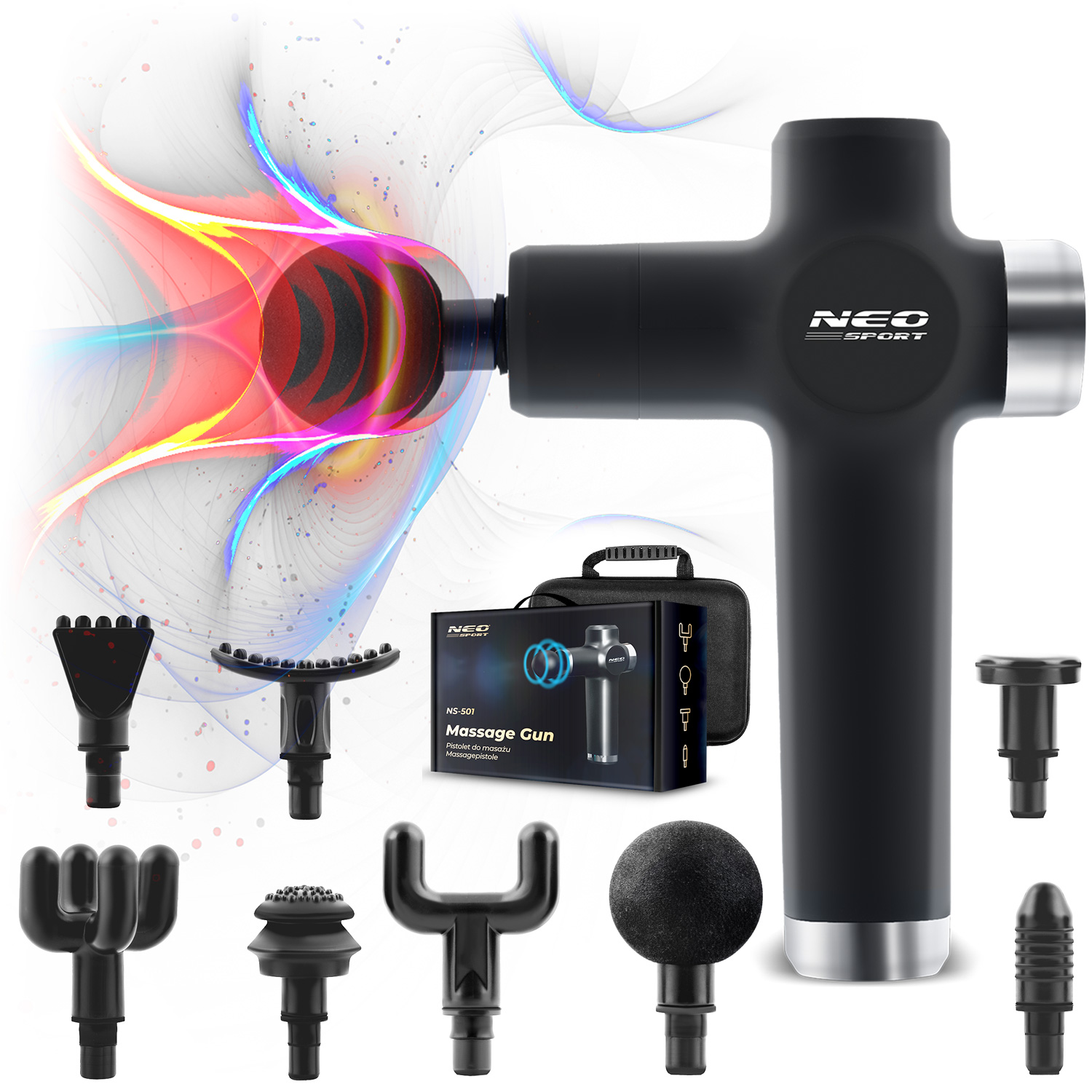 Czarny pistolet do masażu z różnymi nasadkami, etui i pudełkiem. Tło przedstawia kolorowe abstrakcyjne wzory.