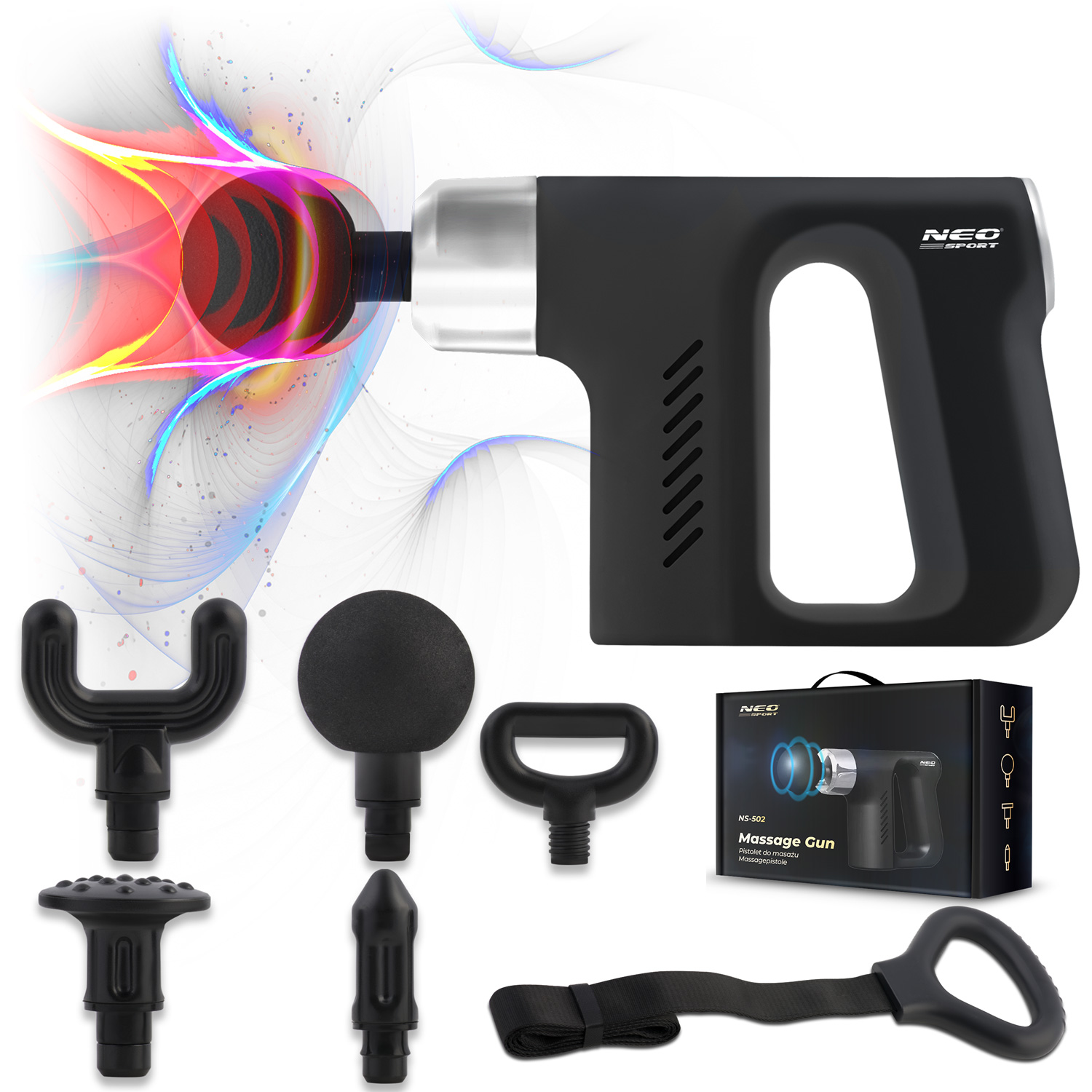 Czarny pistolet do masażu z kilkoma nasadkami i pudełkiem. Pistolet ma uchwyt i markę NEO SPORT.