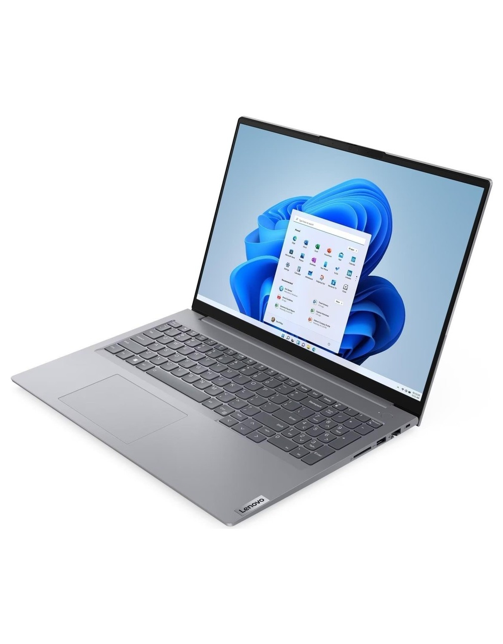 Gümüş renkli Lenovo dizüstü bilgisayar, açık, ekranda Windows 11 arayüzü, simgeler ve klavye.