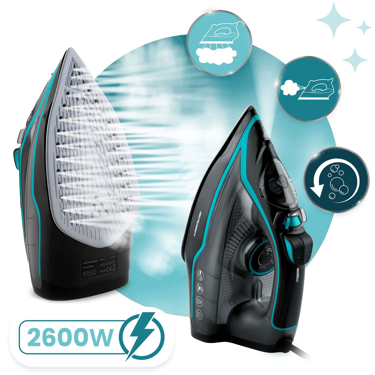 Dwa czarne i turkusowe żelazka z parą. Jedno pokazuje parę, drugie ma pokrętła sterowania. Ikony pokazują parę i czyszczenie.