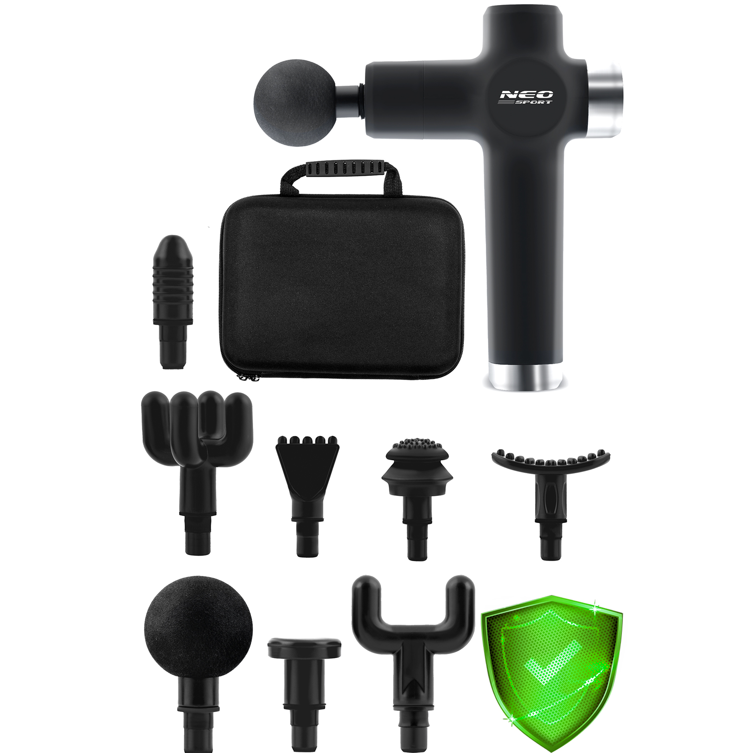 Czarny pistolet do masażu z różnymi nasadkami i futerałem. Obecna jest zielona tarcza ze znakiem wyboru.