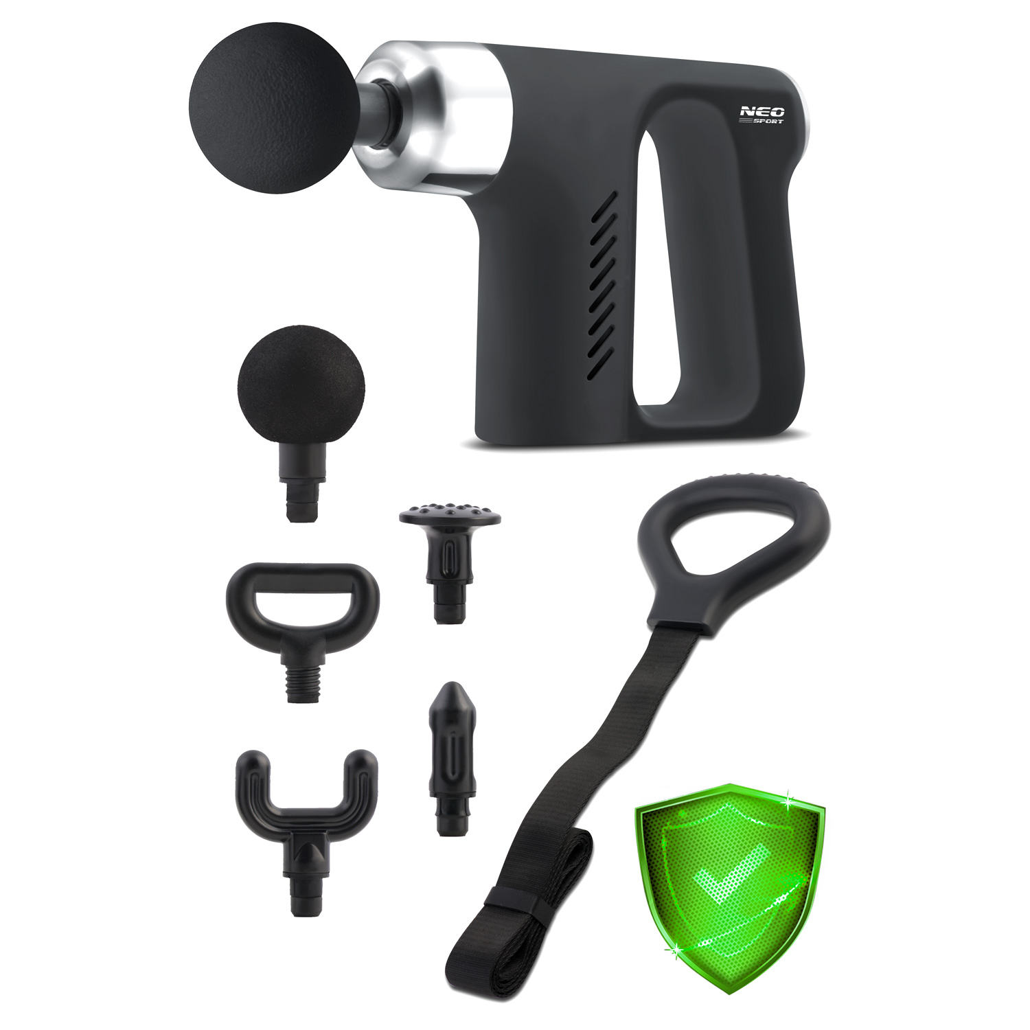 Czarny pistolet do masażu z nasadkami i zieloną tarczą ze znakiem wyboru. Pistolet jest oznaczony NEO SPORT.