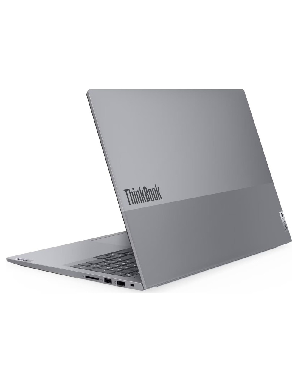 Gri bir ThinkBook dizüstü bilgisayar hafifçe açık, klavye ve ThinkBook ve Lenovo logolarının bulunduğu arka tarafı gösteriyor.