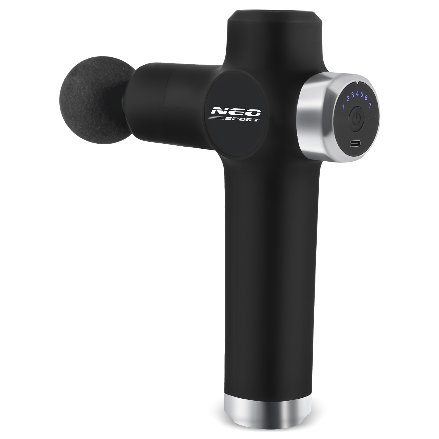 Czarny i srebrny pistolet do masażu. Ma okrągłą głowicę, panel sterowania i logo Neo Sport.