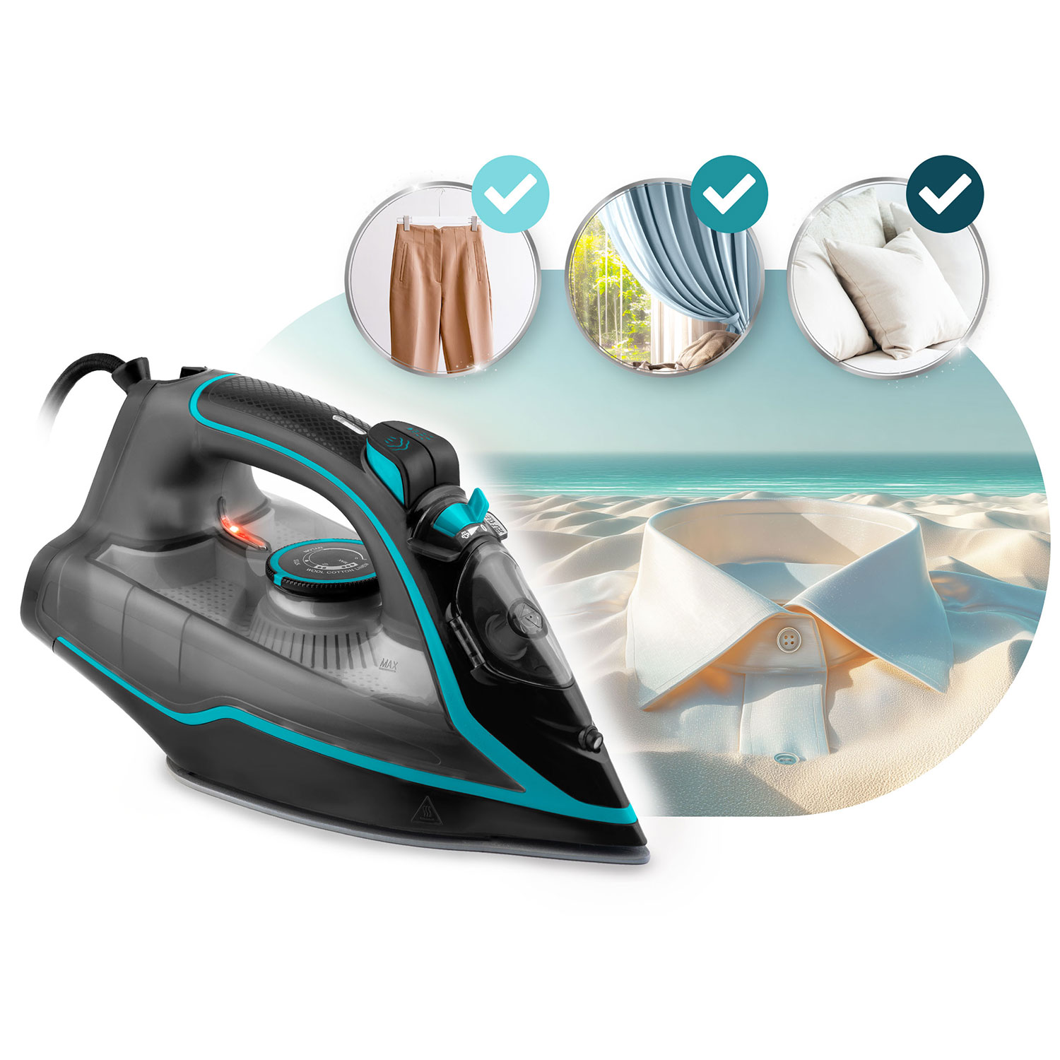 Żelazko z turkusowymi akcentami jest wyświetlane ze zdjęciami spodni, zasłon i poduszek, wszystkie ze znacznikami wyboru, na piaszczystej plaży.