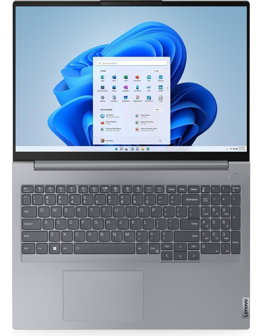 Windows 11 arayüzü açık dizüstü bilgisayar. Klavye görünür. Lenovo logosu sağ altta.