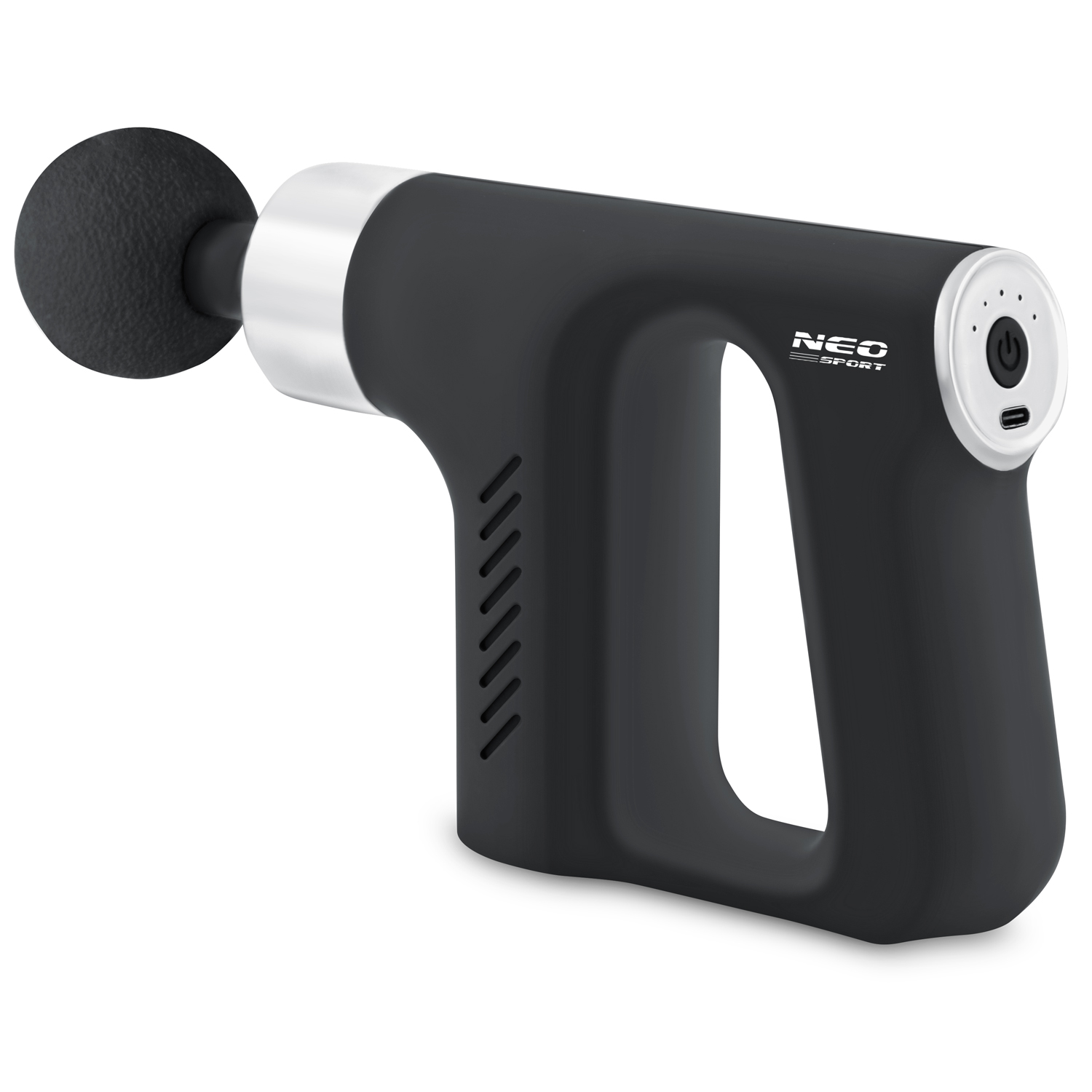 Czarny i srebrny pistolet do masażu. Ma okrągłą głowicę, uchwyt i logo Neo Sport.