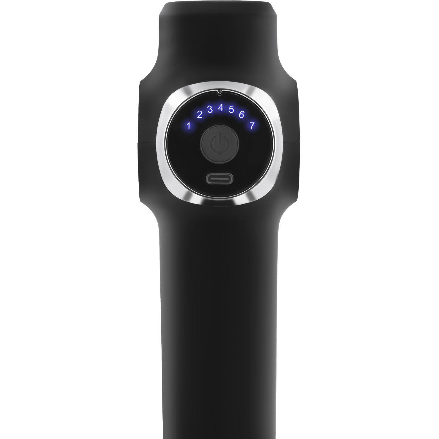 Czarny pistolet do masażu z okrągłym panelem sterowania. Panel ma liczby od 1 do 7, przycisk zasilania i port USB-C.