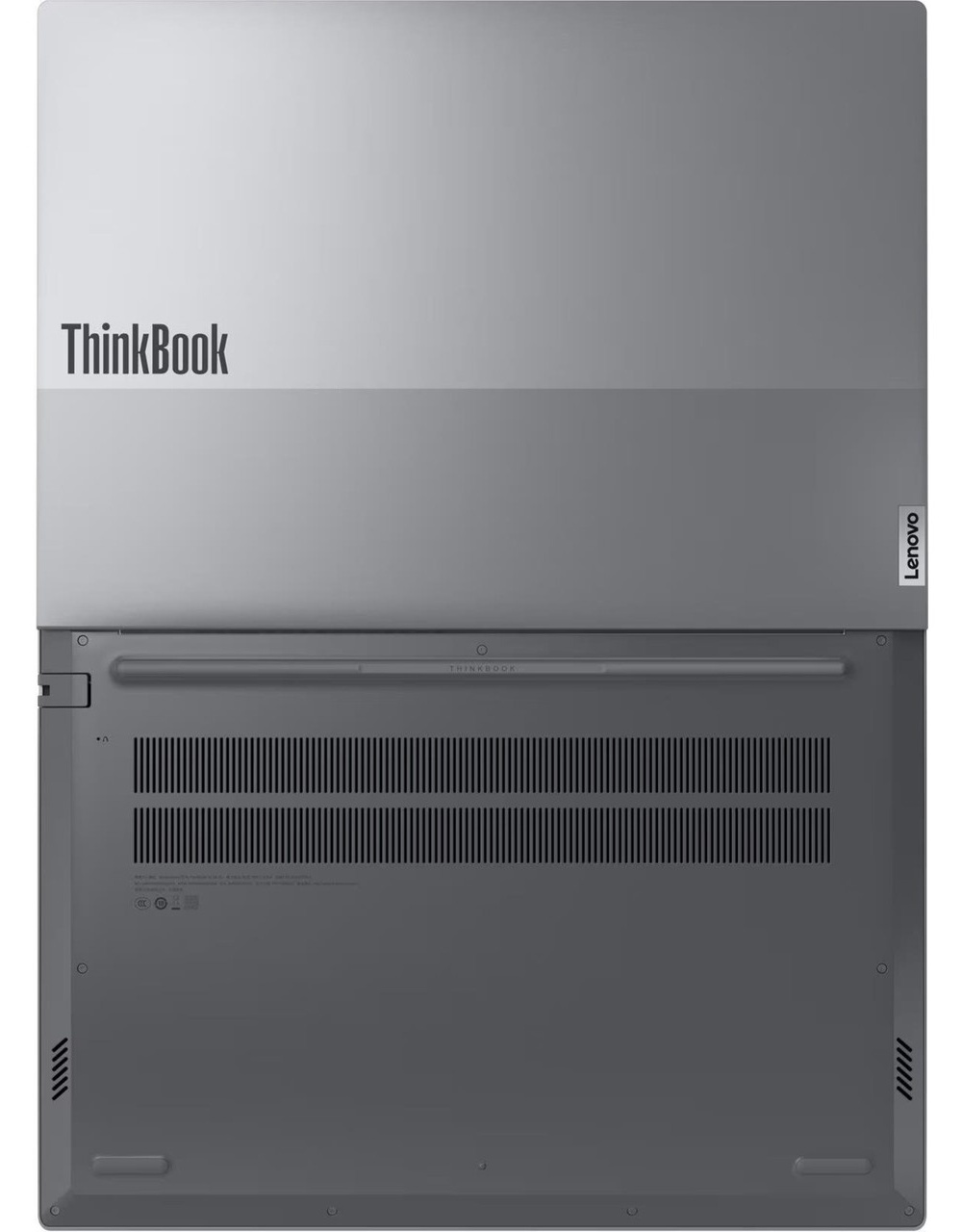 Alttan görülen bir Lenovo ThinkBook dizüstü bilgisayar. ThinkBook logosu ve Lenovo markasını içerir. Havalandırma deliklerini ve vida detaylarını gösterir.