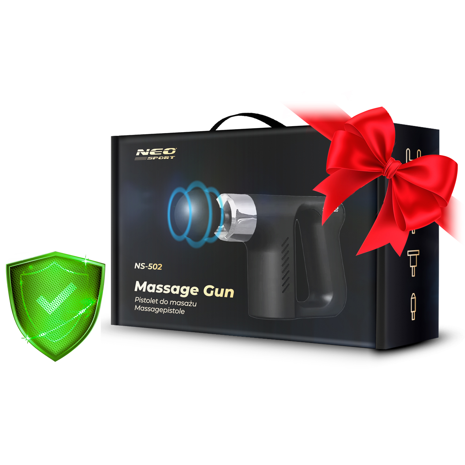 Pistolet do masażu w czarnym pudełku z czerwoną kokardą. Zielona tarcza z hakiem po lewej stronie.