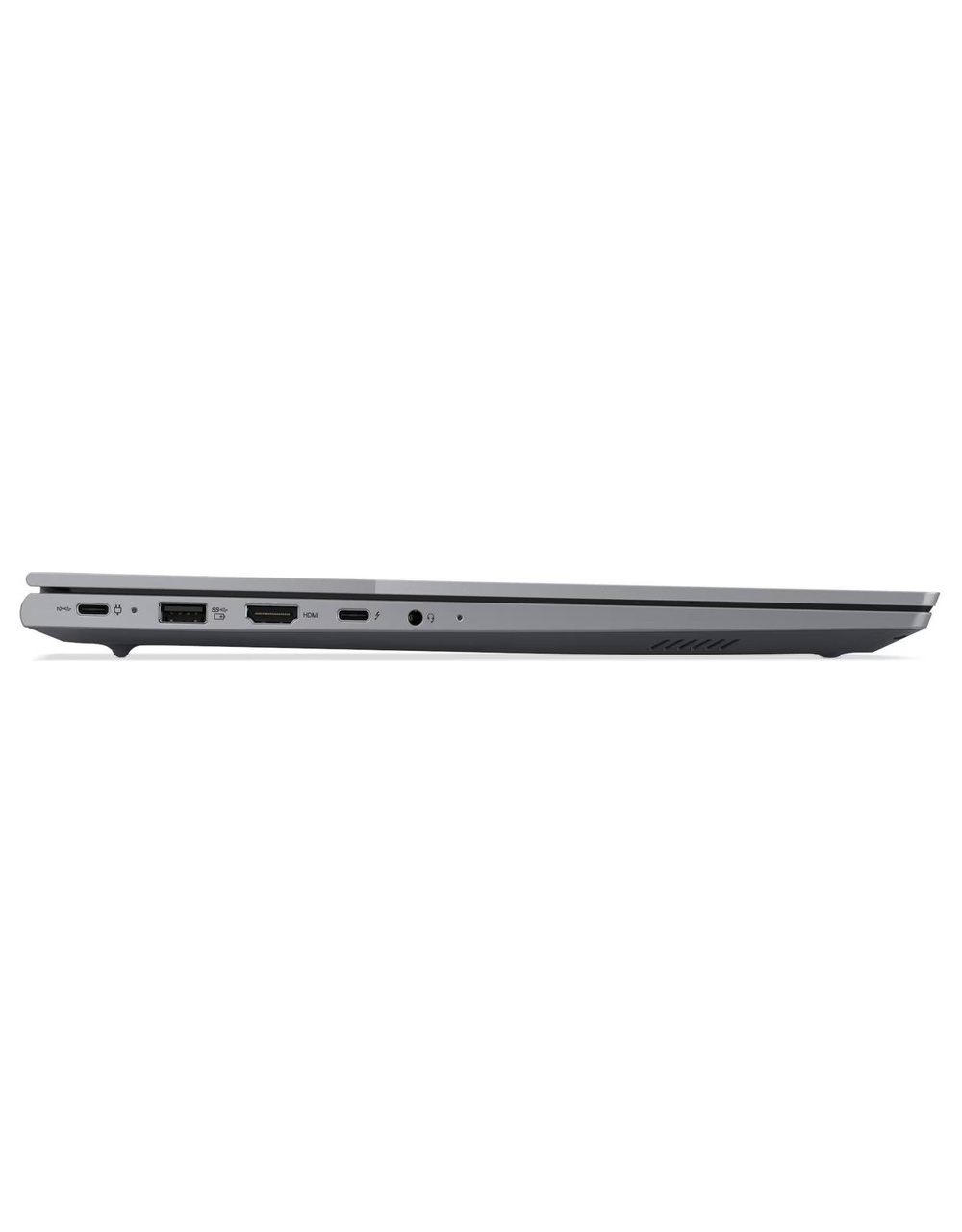 Gri bir dizüstü bilgisayarın portları gösteren yan görünümü. USB-C, USB, HDMI ve ses jakı portları vardır. Dizüstü bilgisayar beyaz bir arka plan üzerinde.