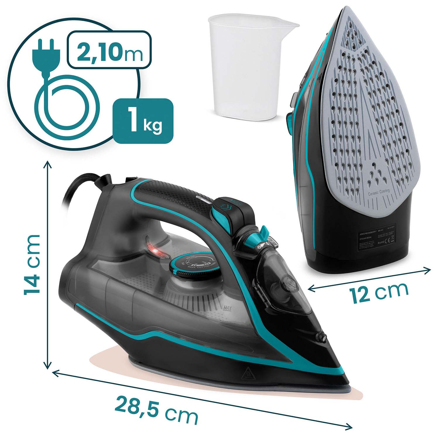 Czarne i turkusowe żelazko z oznaczonymi wymiarami. Zawiera miarkę i szczegóły kabla. Tekst: 14 cm, 28,5 cm, 12 cm, 2,10 m i 1 kg.