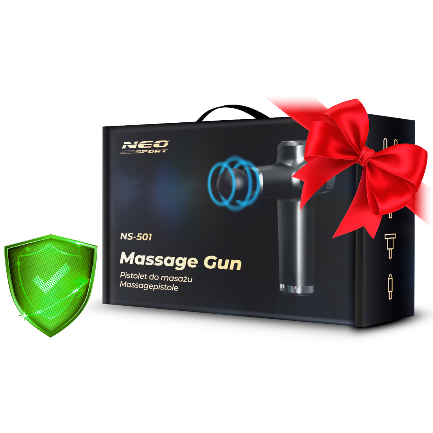 Pistolet do masażu w czarnym pudełku z czerwoną kokardą. Zielona tarcza ze znakiem wyboru po lewej.