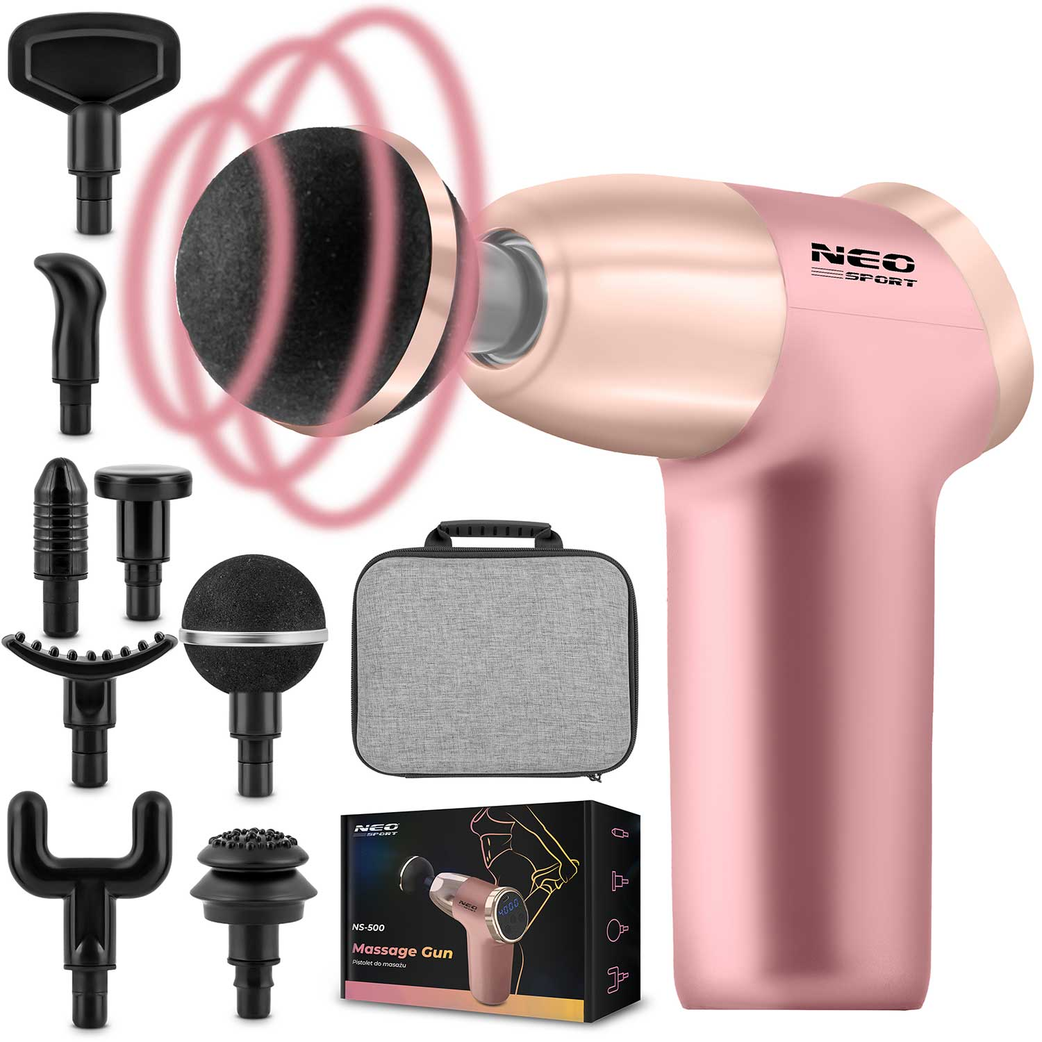 Różowy pistolet do masażu z nasadkami i etui. Zawiera pudełko pokazujące produkt. Pistolet ma markę NEO SPORT.
