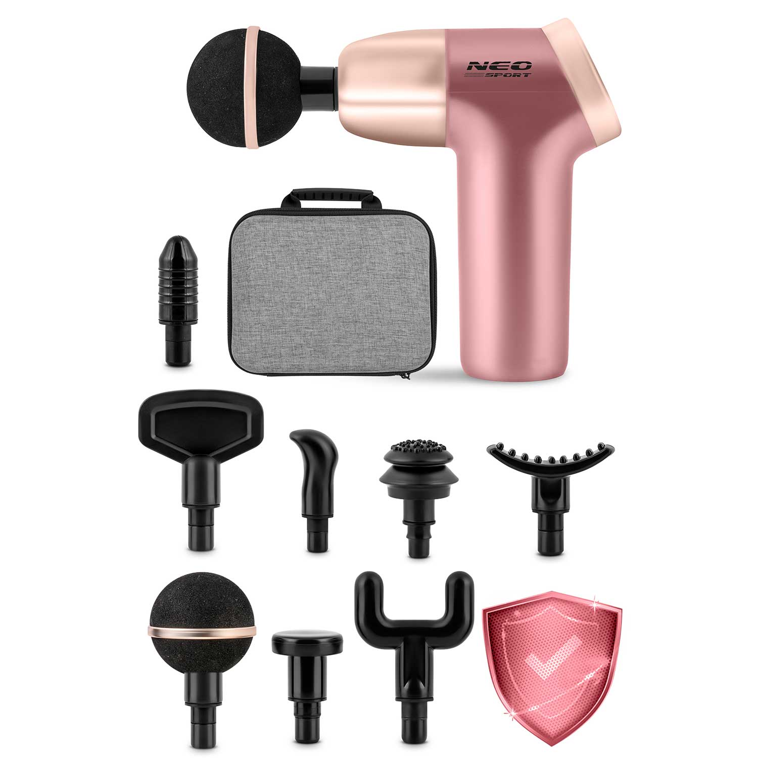 Pistolet do masażu w kolorze różowego złota z nasadkami i etui. Zawiera różne czarne głowice do masażu i czerwoną ikonę tarczy.