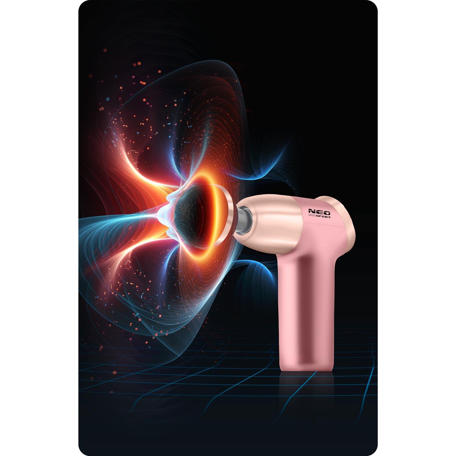 Różowo-złote urządzenie do masażu na ciemnym tle z abstrakcyjnymi, kolorowymi efektami świetlnymi. Urządzenie jest oznaczone jako NEO SPORT.