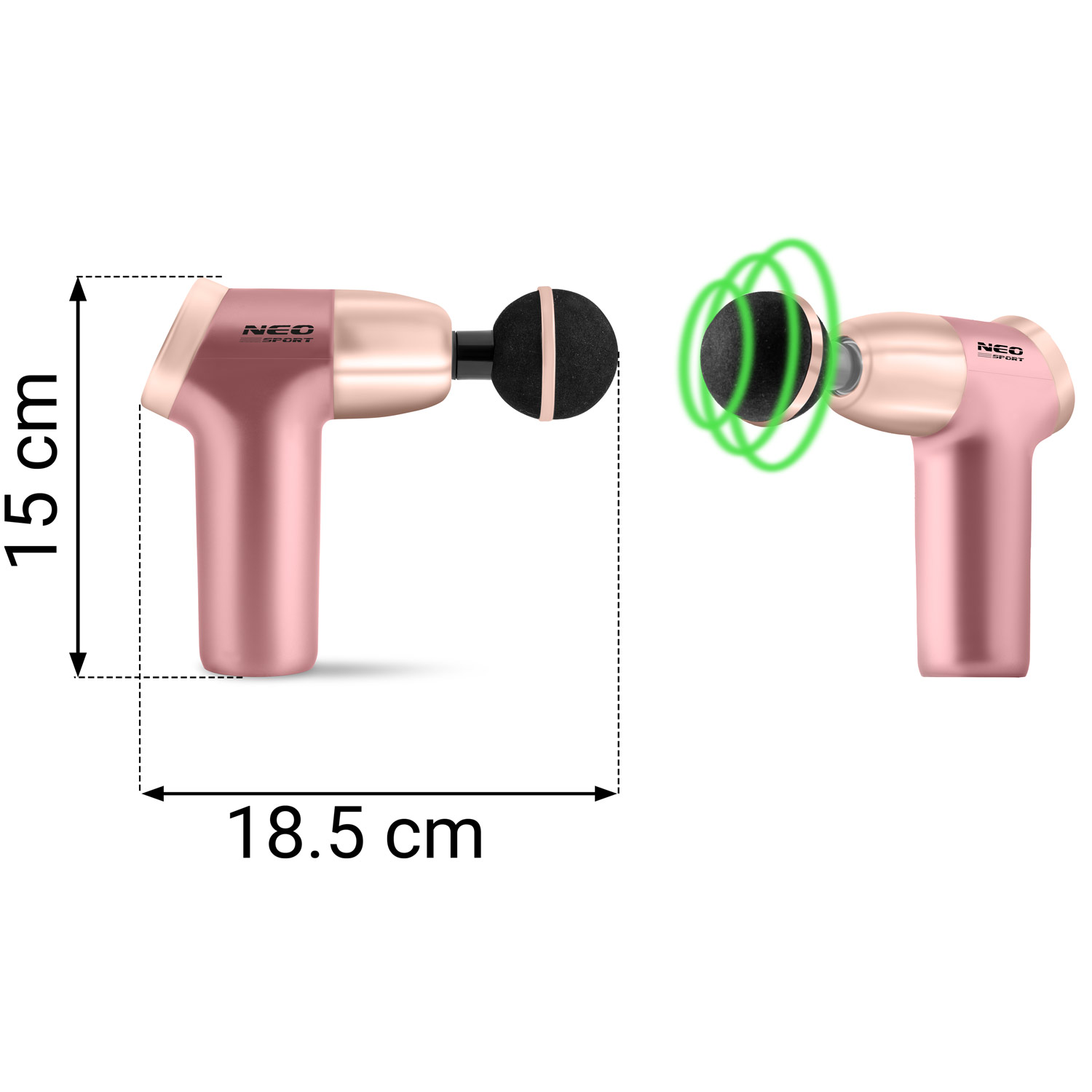 Dwa pistolety do masażu, różowe złoto i czarne, z zielonymi liniami energii. Wymiary: 15 cm wysokości, 18,5 cm szerokości. Widoczne logo Neo Sport.