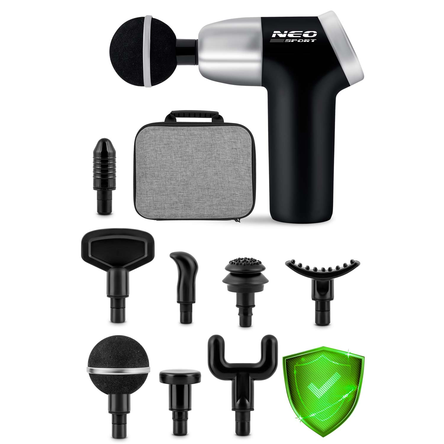 Czarno-srebrny pistolet do masażu NEO Sport z różnymi nasadkami. Zawiera futerał i zieloną tarczę ze znakiem wyboru.