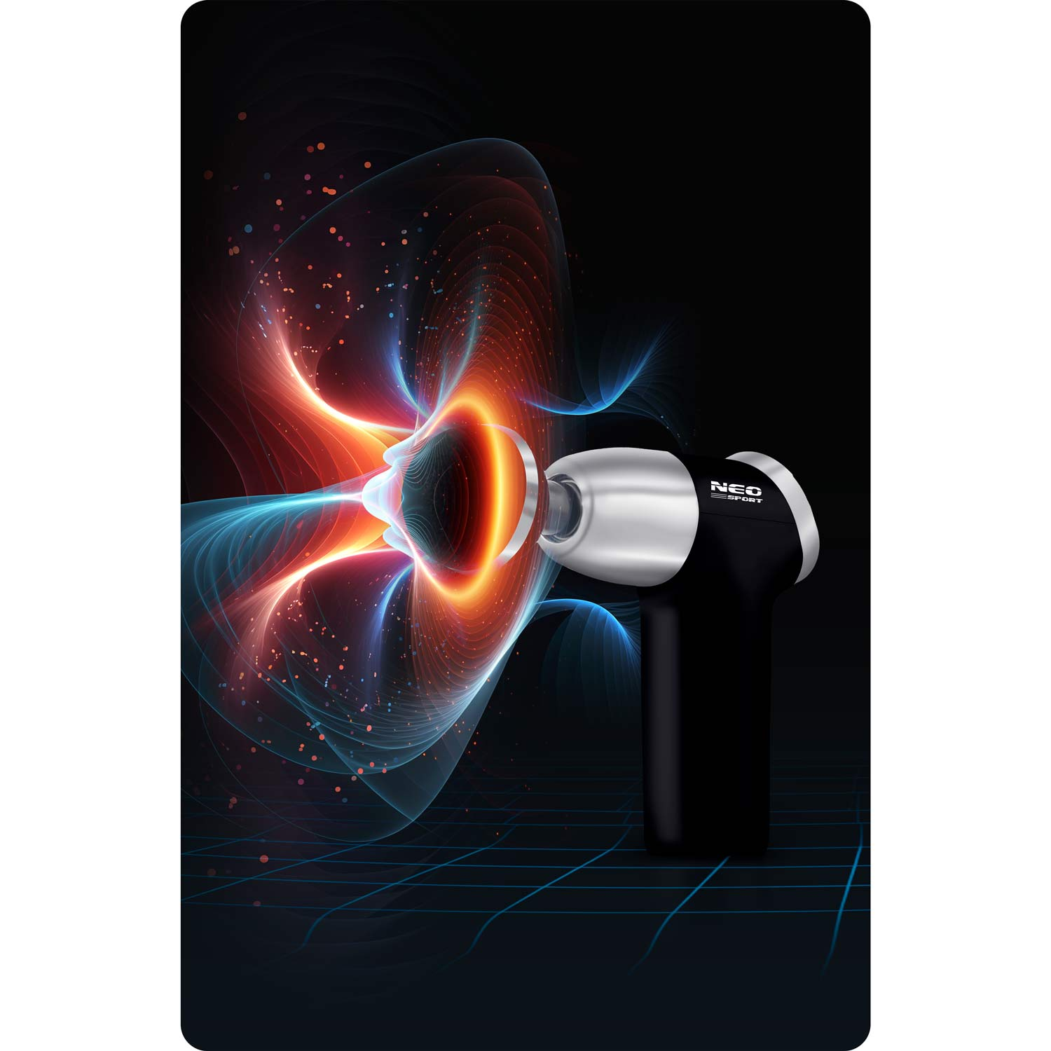 Czarno-srebrny pistolet do masażu z grafiką fal energetycznych w tle, głównie czerwonym i niebieskim, na ciemnoniebieskim tle.