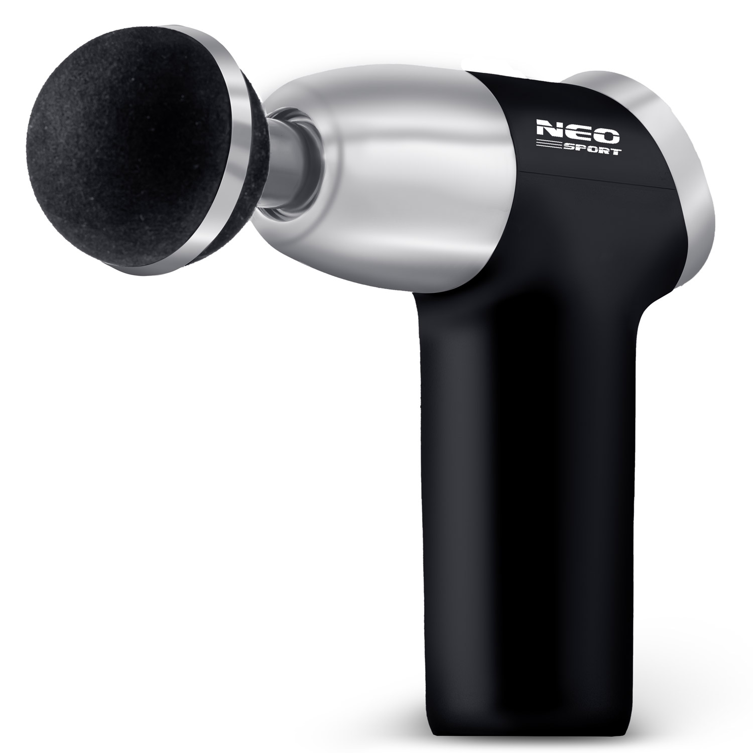 Czarny i srebrny pistolet do masażu z okrągłą, czarną głowicą masującą. Uchwyt jest czarny, a korpus srebrny.