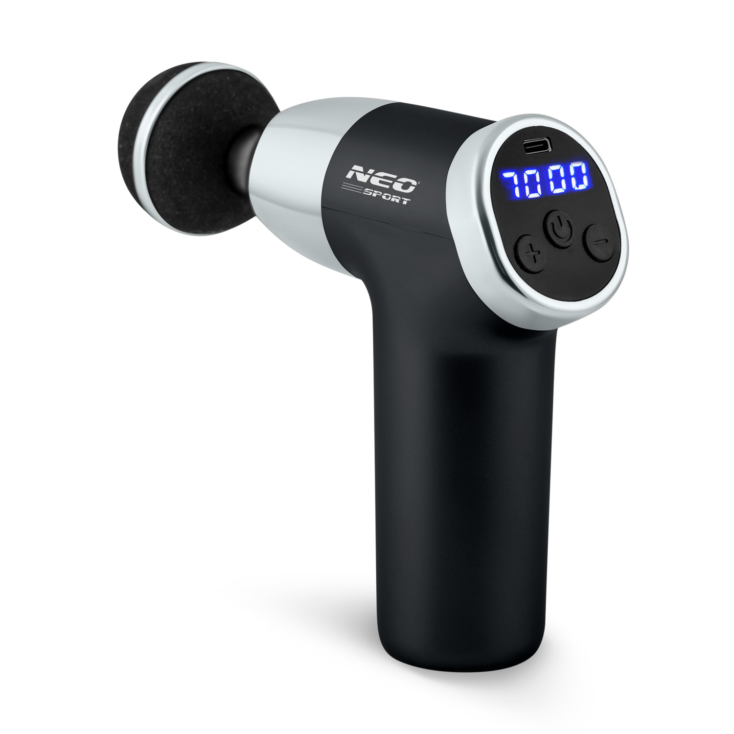 Czarny i srebrny pistolet do masażu z okrągłą głowicą i cyfrowym wyświetlaczem pokazującym '7000'. Urządzenie ma markę 'NEO SPORT'.