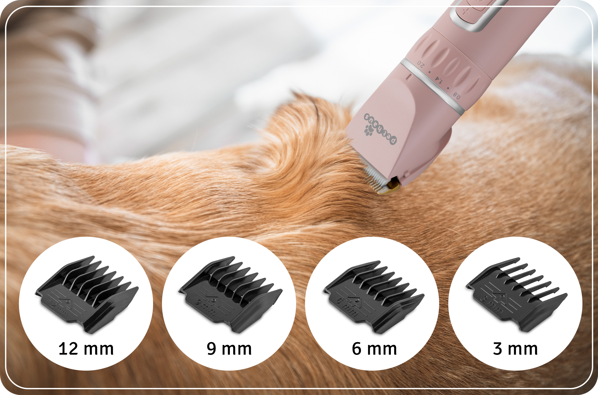 Różowa maszynka do strzyżenia zwierząt jest używana na psie. Wyświetlane są cztery nakładki (12 mm, 9 mm, 6 mm, 3 mm).