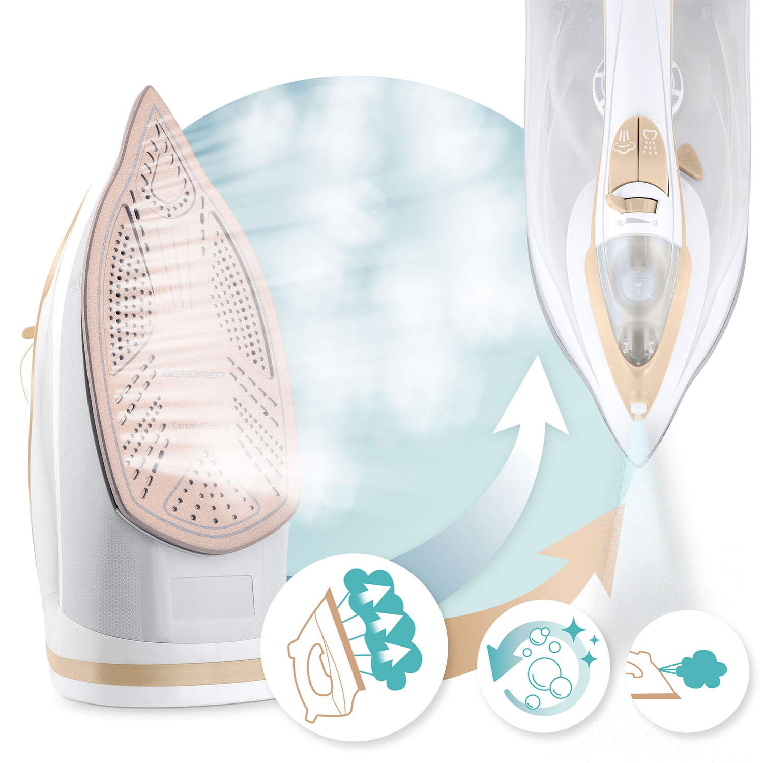 Pokazano białe i beżowe żelazko z parą. Ikony pokazują funkcje pary i czyszczenia, ze strzałkami.