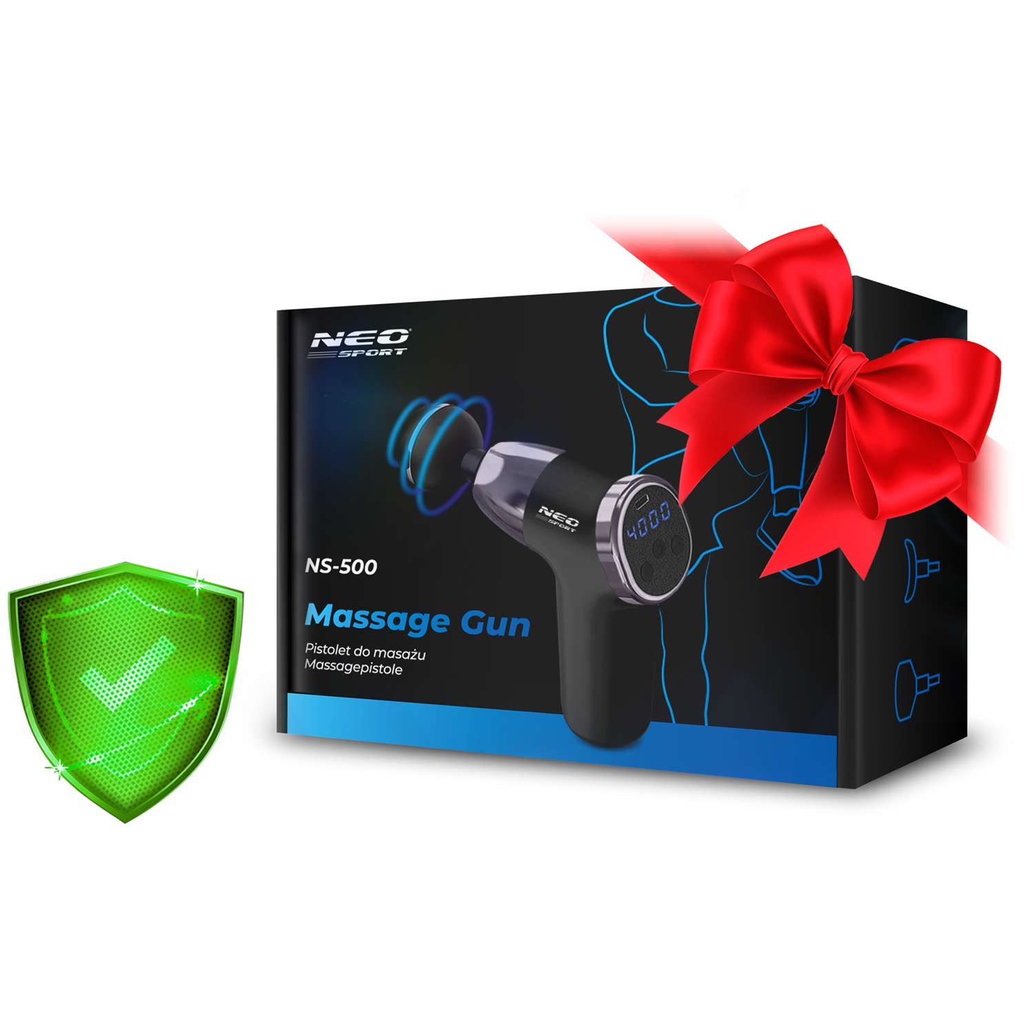 Pudełko pistoletu do masażu z czerwoną kokardą. Zielona tarcza ze znakiem wyboru po lewej. Pudełko jest czarne z pistoletem.