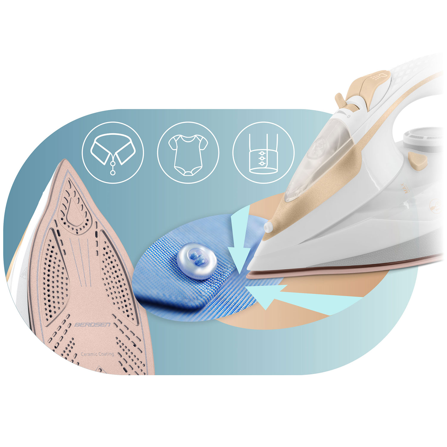 Żelazko z parą na niebieskim materiale. Ikony odzieży w tle. Żelazko jest biało-beżowe.