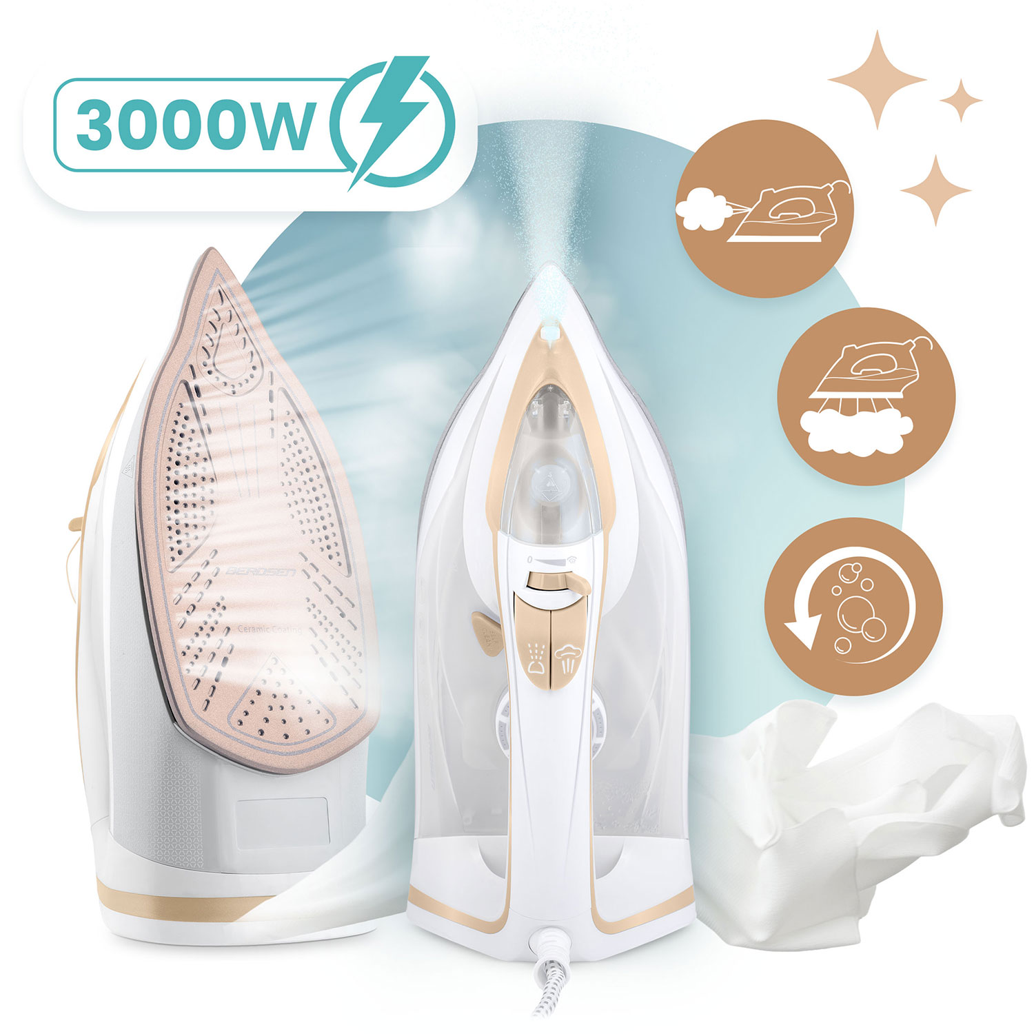 Dwa żelazka, jedno na stojaku. Jedno jest złote i białe z parą. Ikony pokazują prasowanie i czyszczenie. 3000W.