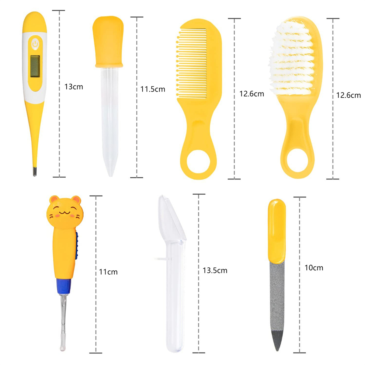 Set von gelben Baby-Pflegeartikeln: Thermometer, Pipette, Kamm, Bürste, Ohrreiniger, Medikamentenlöffel und Nagelfeile.