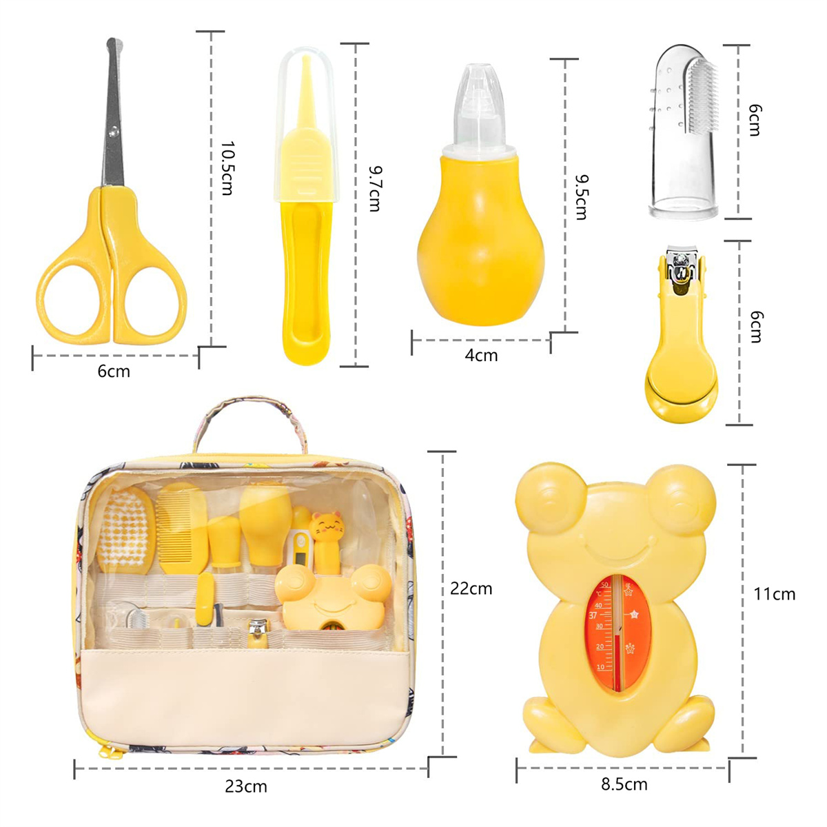 Ein gelbes Babypflege-Set. Es hat eine Schere, einen Nasensauger, ein Thermometer, einen Nagelknipser und eine Tasche mit anderen Artikeln.