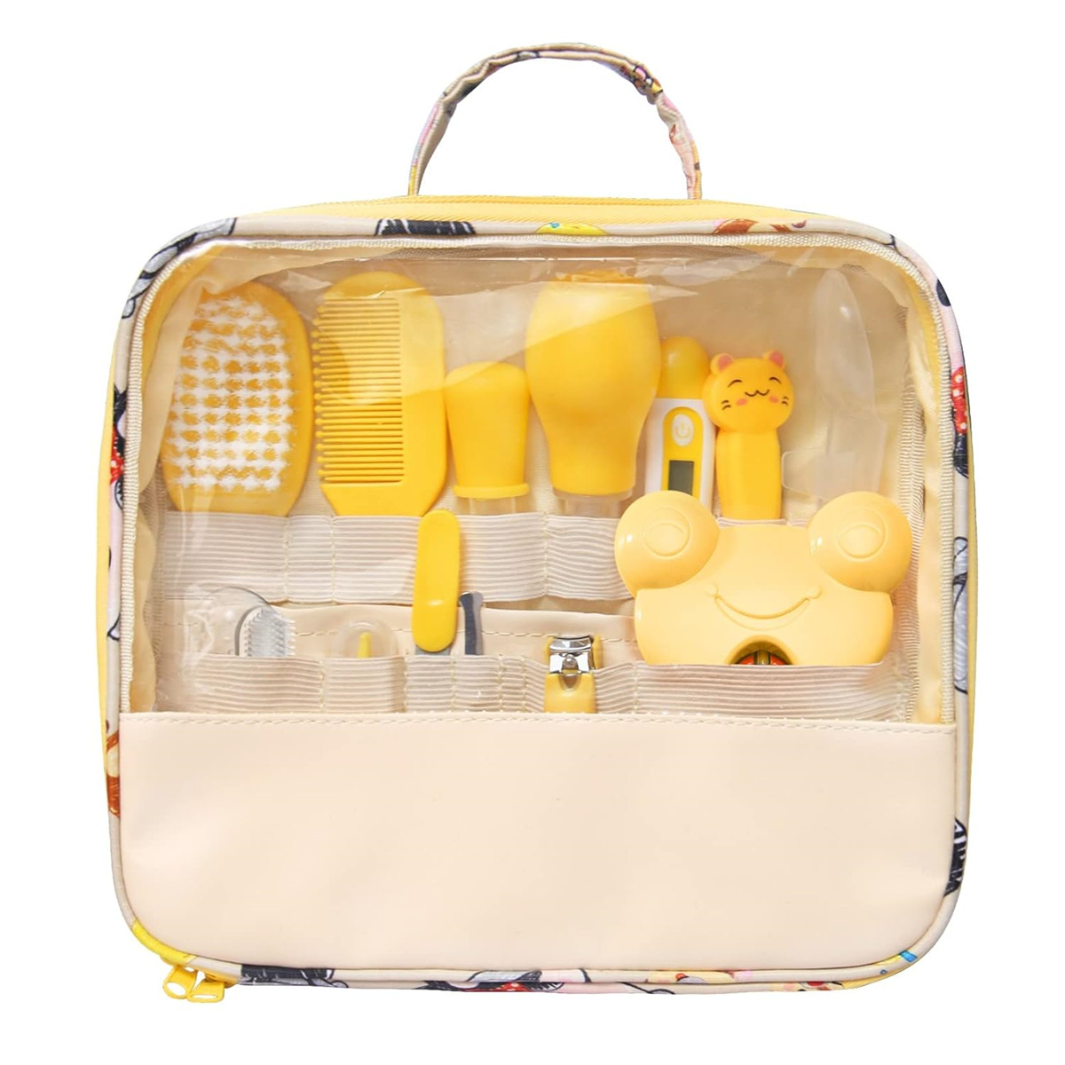 Ein gelbes Baby-Pflegeset in einer transparenten Tasche. Enthält Bürste, Kamm, Nagelschere, Thermometer und weitere Babypflegeartikel.