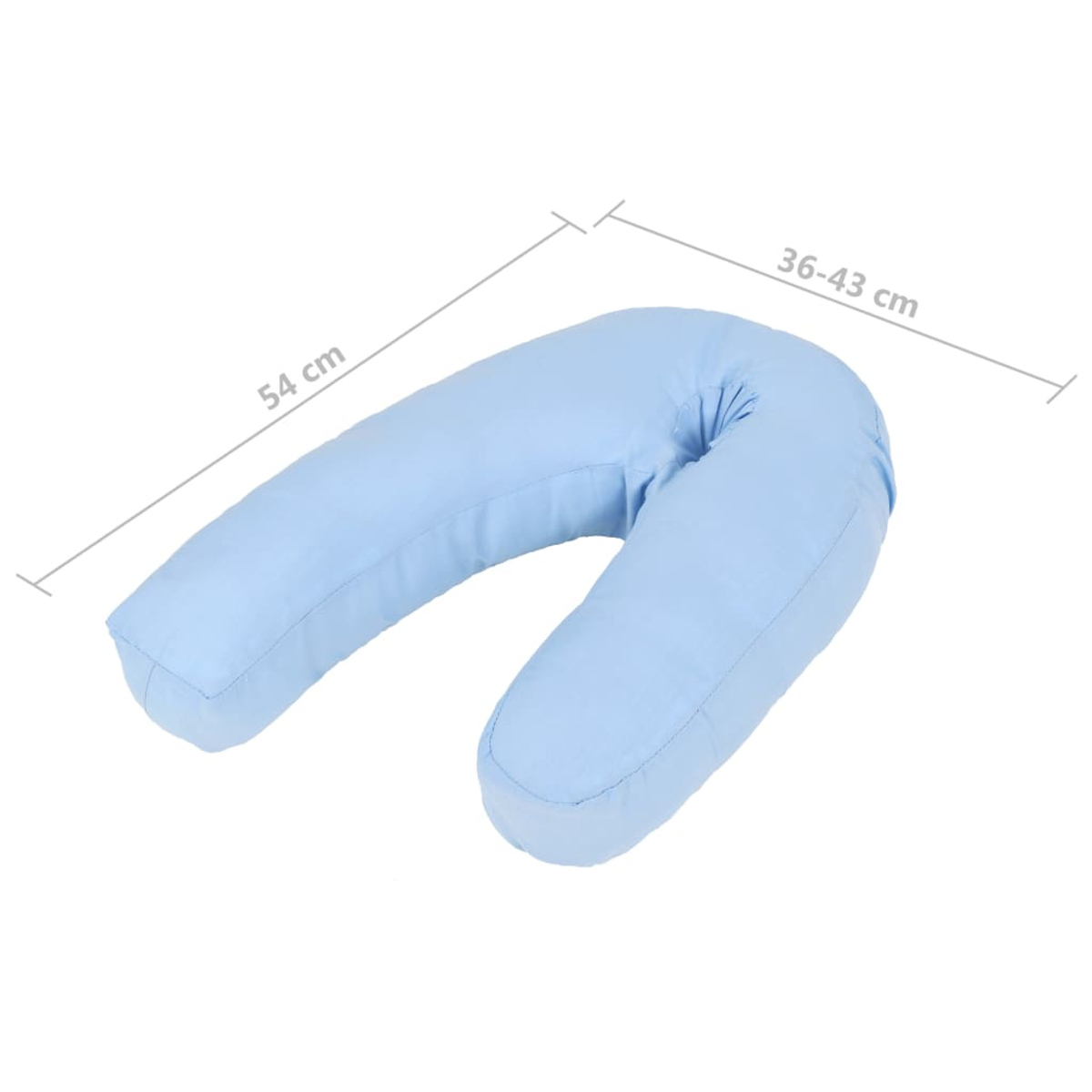 Ein hellblaues U-förmiges Kissen. Abmessungen sind angegeben: 54 cm und 36-43 cm. Das Kissen befindet sich auf weißem Hintergrund.