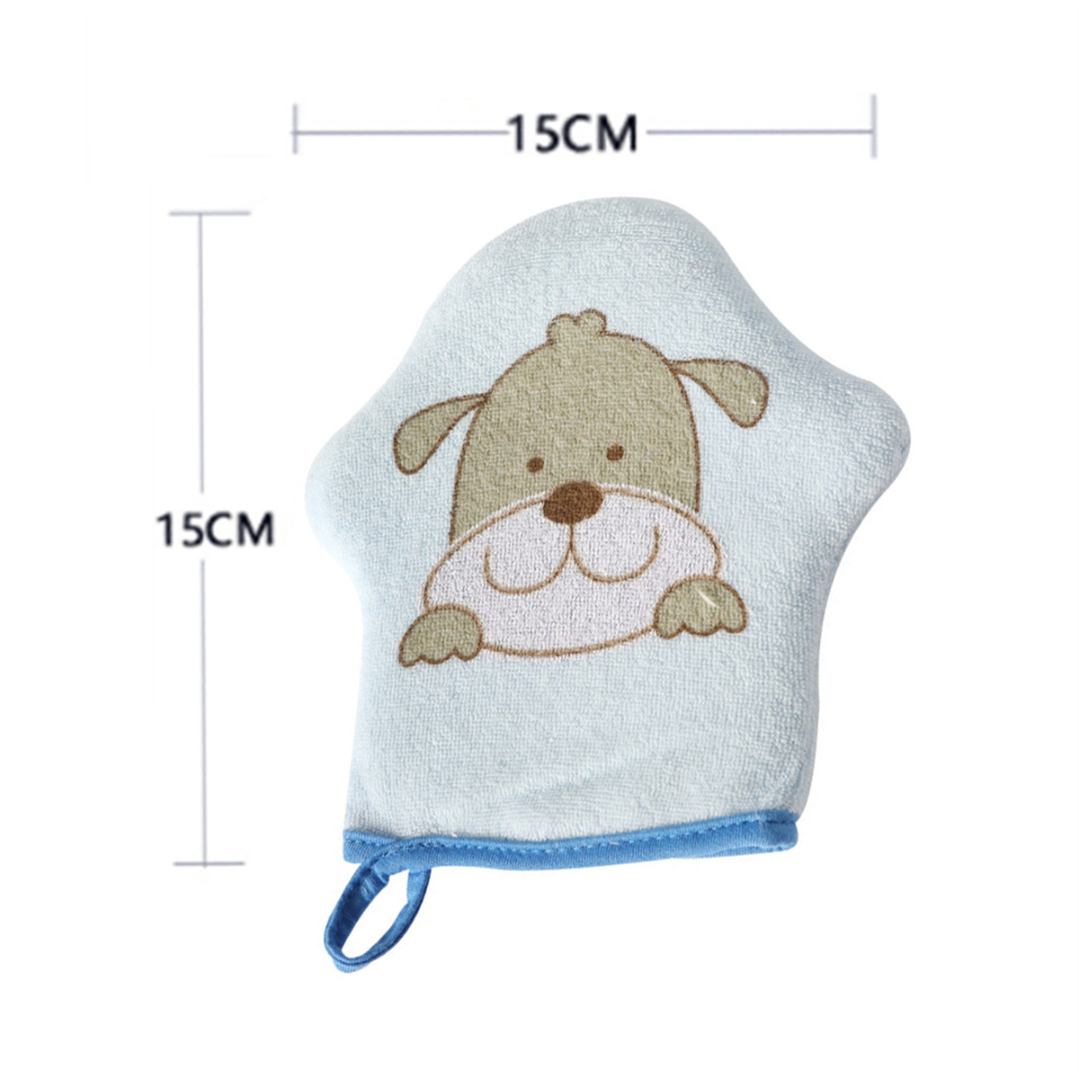 Ein hellblaues Waschhandtuch mit Hundedesign. Es misst 15 cm in Höhe und Breite. Hat eine blaue Umrandung und eine Schlaufe.