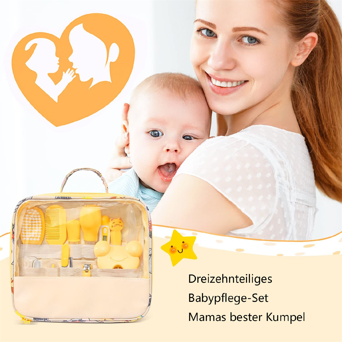 Eine Frau hält ein Baby. Ein Set gelber Babyartikel ist davor. Im Hintergrund ein orangefarbenes Herz mit Silhouetten.