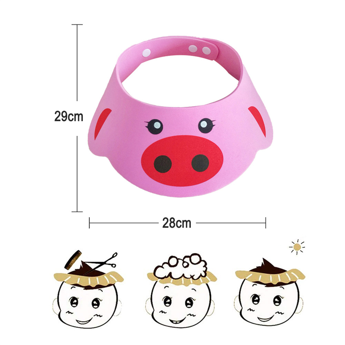 Eine rosa, schweineförmige Baby-Duschhaube mit Maßen. Darunter sind drei Cartoon-Gesichter mit einem Sonnensymbol.