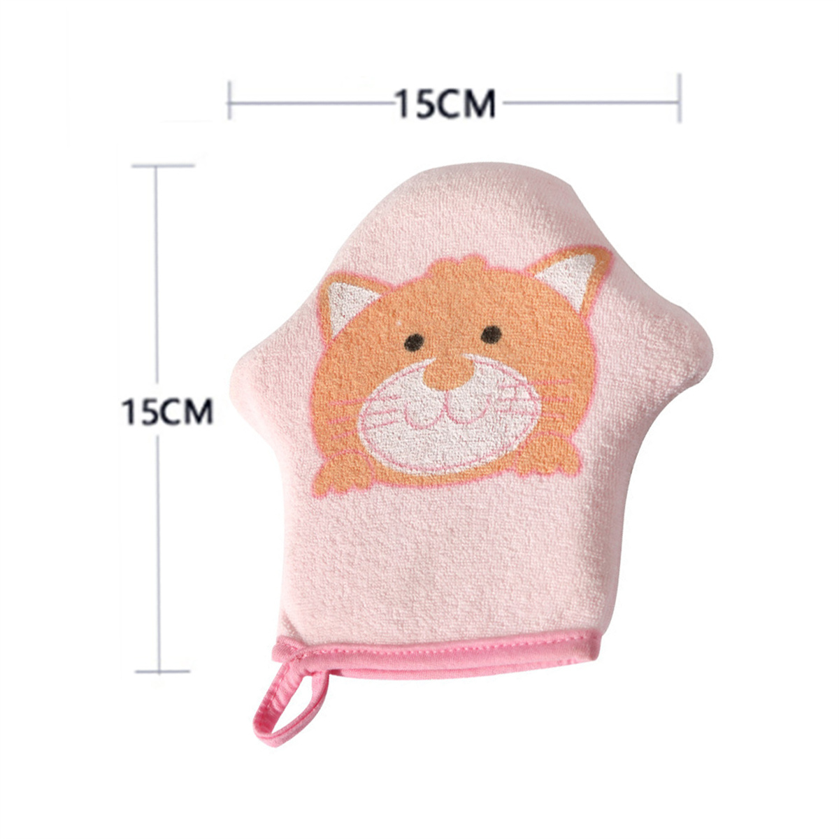 Ein rosa Waschlappen in Form eines Fäustlings, verziert mit einem orangefarbenen Katzenkopf. Er misst 15 cm in Höhe und Breite.
