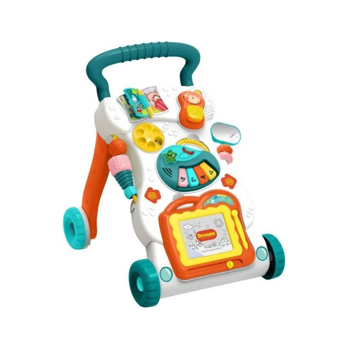 Ein farbenfrohes Baby-Walker-Spielzeug mit Rädern, einem Griff und verschiedenen interaktiven Funktionen wie einer Zeichenfläche und Musiktasten.
