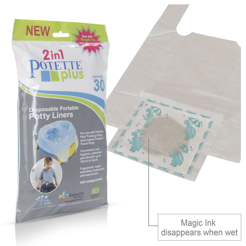 Produktverpackung für Einweg-Toiletteneinlagen. Es zeigt das Produkt, eine Windel und magische Tinte, die bei Nässe verschwindet.