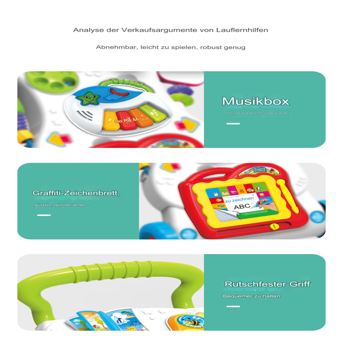 Das Bild zeigt ein Spielzeug mit bunten Komponenten. Es hat ein Klavier, eine Zeichenplatte und einen Griff. Text auf Deutsch ist ebenfalls vorhanden.