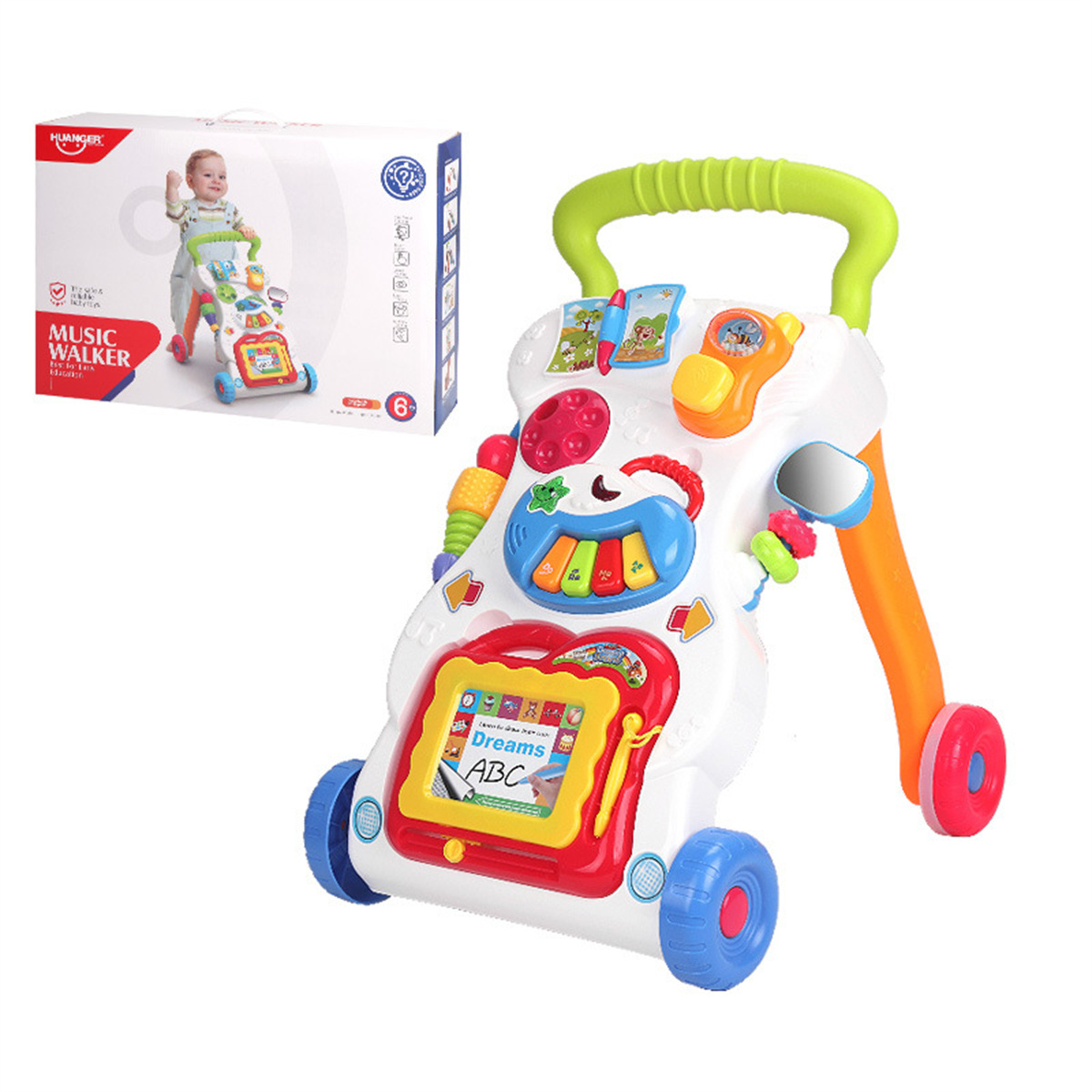 Ein farbenfroher Baby-Lauflernwagen mit verschiedenen Spielzeugen. Enthält ein Klavier, einen Bildschirm und einen Griff. Im Hintergrund ist eine Box mit einem Baby.
