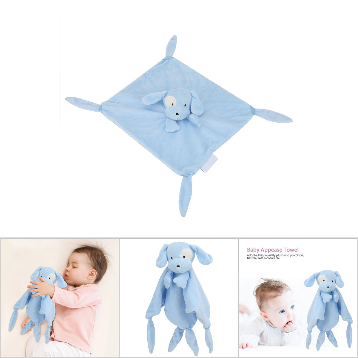 Ein blaues Baby-Appeasement-Handtuch mit einem hundeförmigen Kopf in der Mitte. Das Handtuch ist quadratisch mit vier verlängerten Ecken.