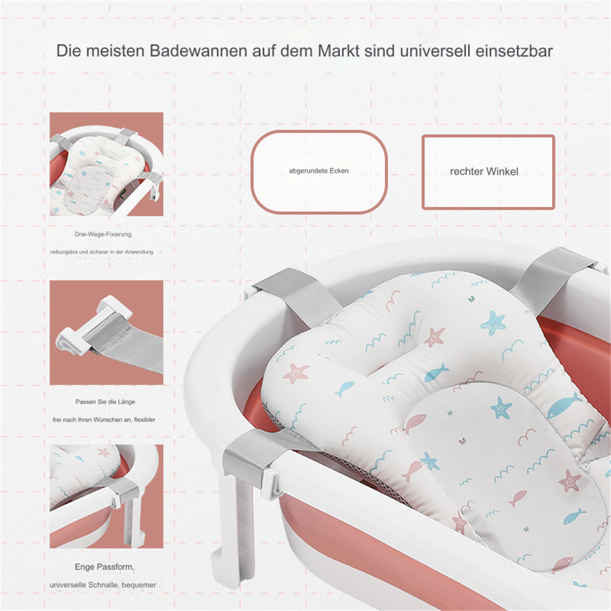 Ein Babybad mit weißer und rosa Wanne. Ein gepolsterter Sitz mit Seetier-Muster befindet sich in der Wanne, gehalten von Gurten.